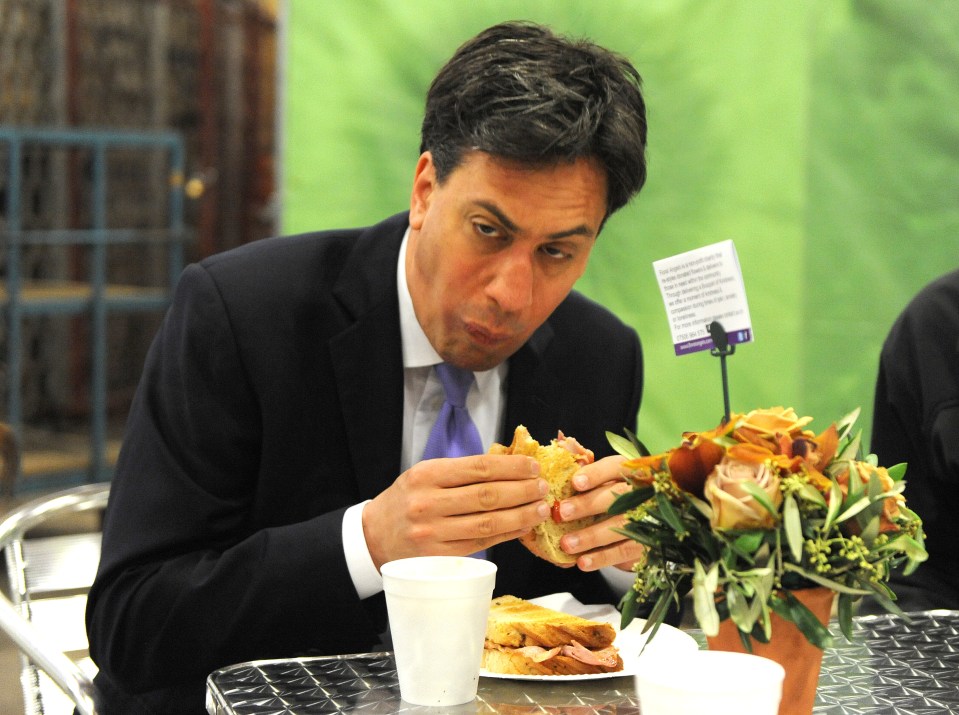 Ed Miliband eating a bacon sandwich.