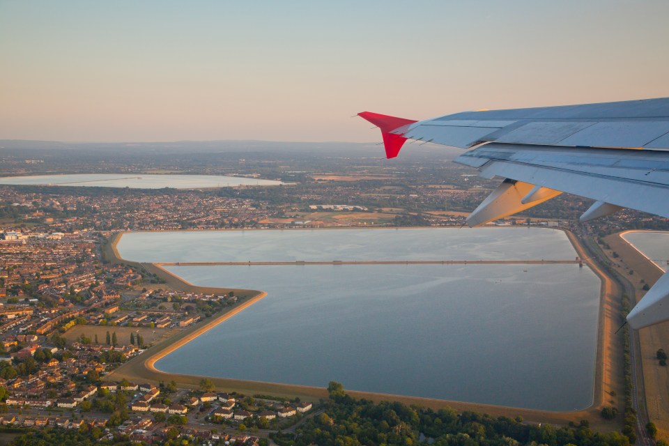 Aerial view of Staines Reservoirs near Heathrow airport.