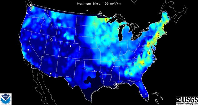 The flare has already caused radio blackouts across Europe, Asia , and the Middle East, along with some power degradation in the eastern US (pictured, darker orange)