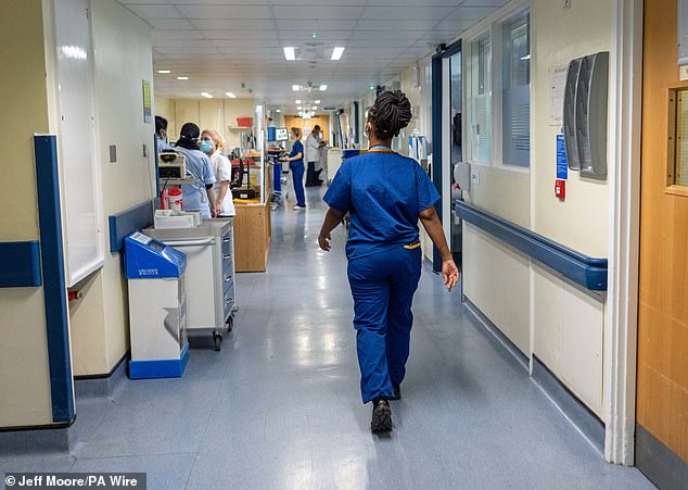 An NHS trust reportedly suggested that its transgender staff should be given extra breaks if they wore chest binders or needed a break from tucking their genitals away (Pictured: Stock image featuring NHS staff in a busy ward)