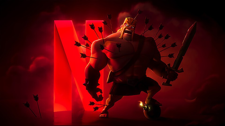 Illustration of a muscular warrior riddled with arrows, standing before a Netflix logo.