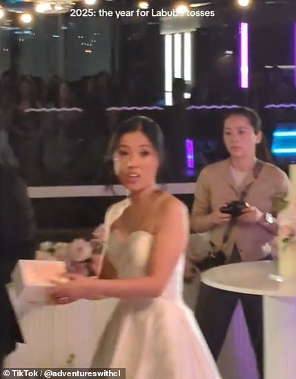 Melbourne-based Christina filmed a bride tossing one of the popular mystery Labubu boxes instead of a flower bouquet (pictured)