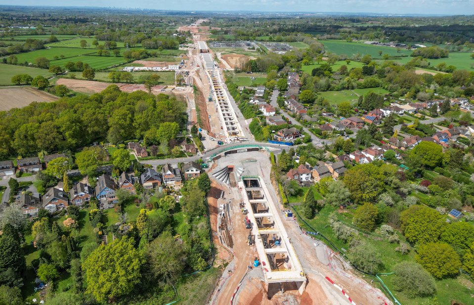 Aerial view of HS2 construction dividing Burton Green, Warwickshire.
