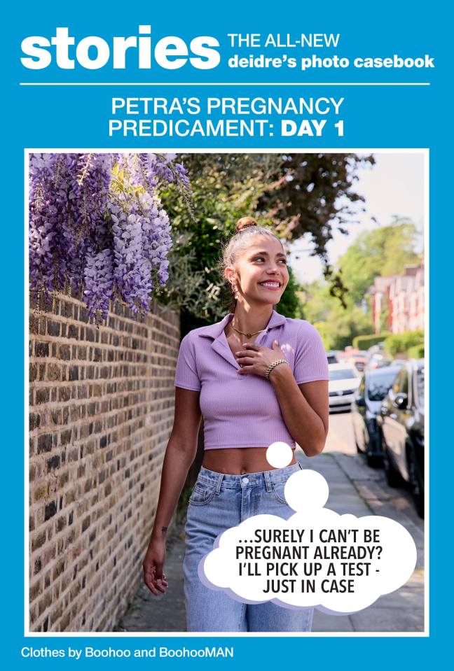 Illustration of a young woman walking down a street, thinking about a pregnancy test.