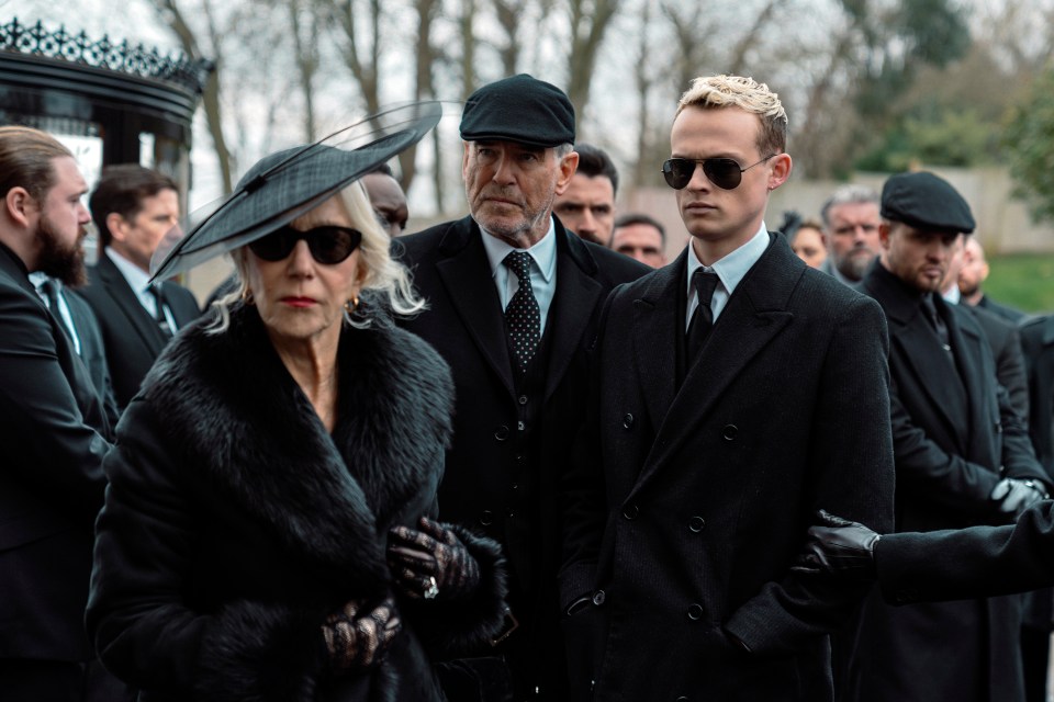 Scene from "Mobland" showing Helen Mirren, Pierce Brosnan, and Anson Boon.
