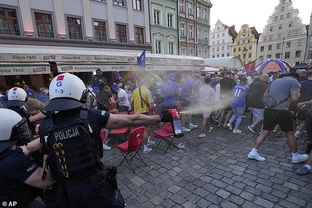 Police in Wroclaw seemingly used pepper spray during a clash with supporters on Tuesday