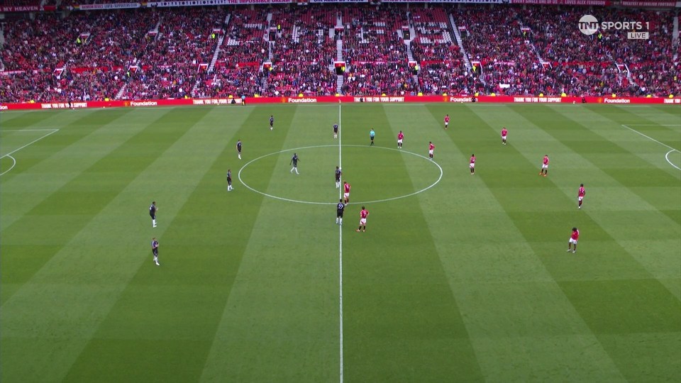 Soccer players on a field before a game.