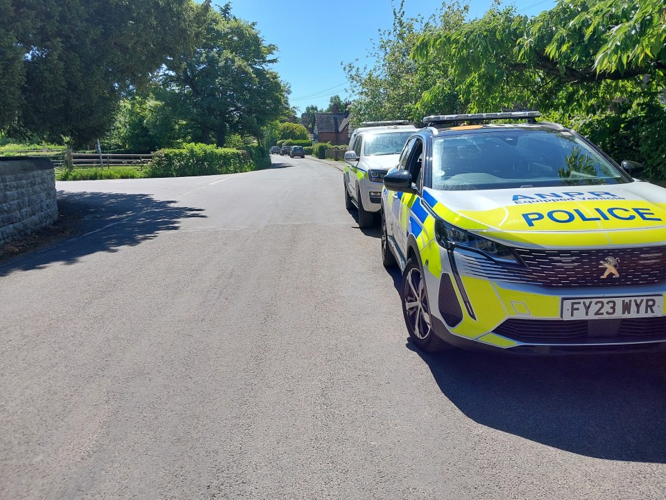 Police cars parked on a residential street.