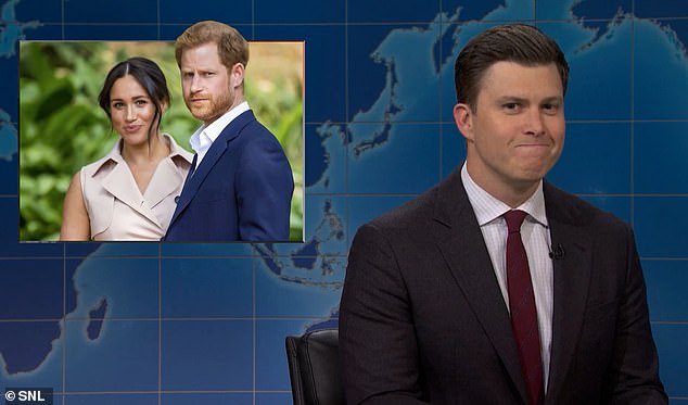 Prince Harry and Meghan Markle were mocked on Saturday Night Live yesterday as host Colin Jost (right) made a brutal joke about the couple