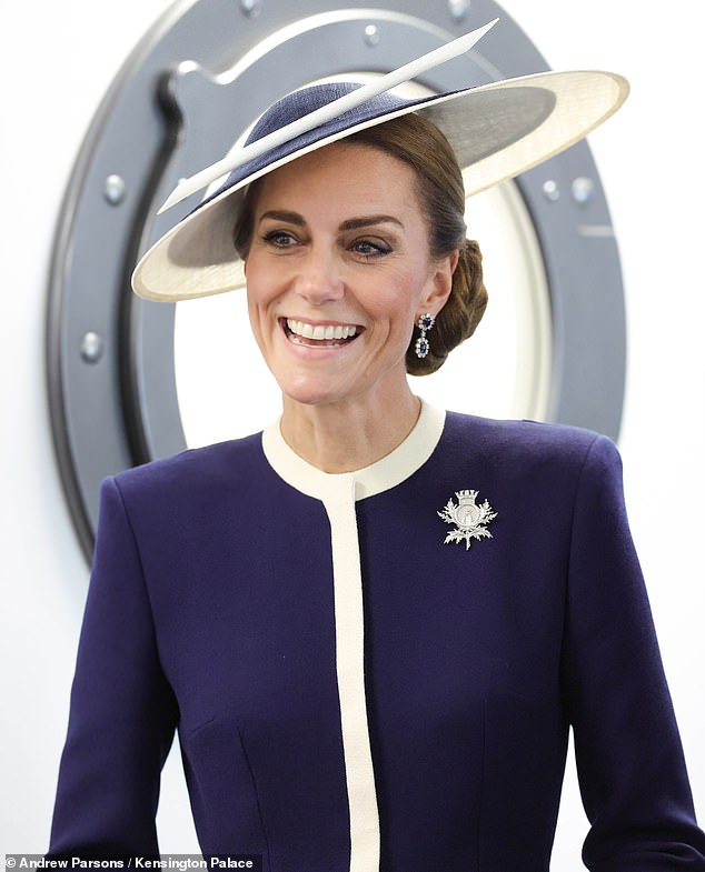 The Princess of Wales (pictured) was all smiles as she attended the official naming of a new Royal Navy warship in Glasgow