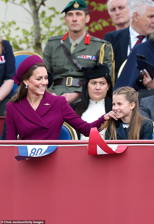 Princess Charlotte, who celebrated her 10th birthday last week, shared a joke with her mother the Princess of Wales as they watched the celebrations to mark the 80th anniversary of VE Day today