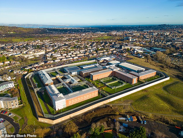 The former HMP Edinburgh officer appeared for sentence at Falkirk Sheriff on Tuesday after pleading guilty at an earlier hearing to communicating indecently with someone he was under the impression was a child named Abbie. Pictured: Aerial view of HMP Edinburgh