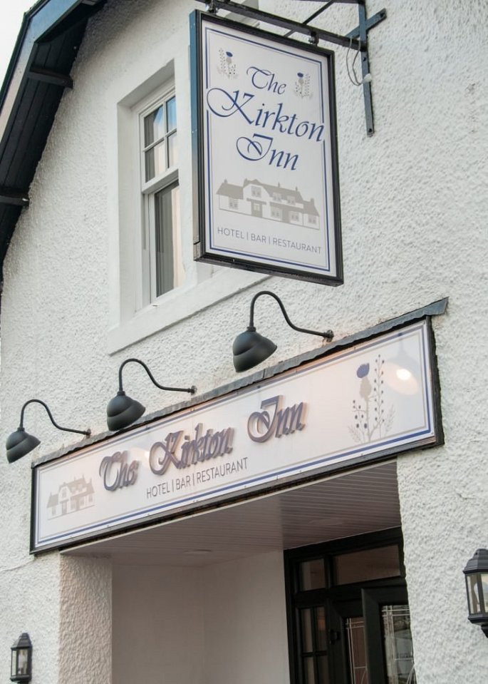 The Kirkton Inn hotel, bar, and restaurant signage.