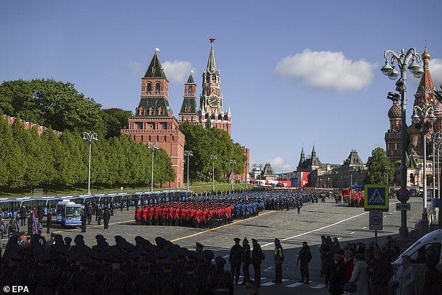 Russian servicemen prepare for the Victory Day military parade, marking the 80th anniversary of victory in the Great Patriotic War, on the Red Square in Moscow, Russia, 09 May 2025