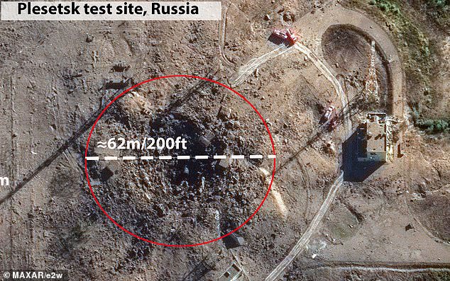 Pictured: Russia's only intercontinental ballistic missile (ICBM) test site explodes during Sarmat missile maintenance