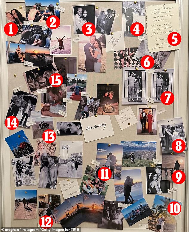 Here, Femail takes a look at the images shared by Duchess of Sussex in her anniversary Instagram post to Prince Harry