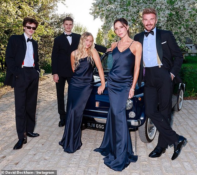 The Beckham family have been at the centre of a feud that has pitted Brooklyn and his wife Nicola Peltz on one side, and the rest of the family on the other (David and Victoria's children Romeo, 22, Cruz, 20, and Harper, 13 pictured last week)