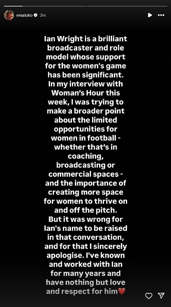 Aluko took to Instagram to issue a lengthy apology to her co-pundit Wright after the row
