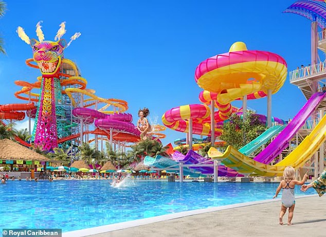 A glimpse at what Royal Caribbean's brand new day resort, Perfect Day Mexico, might look like when it opens in 2027 - the resort will see the biggest ever version of Splashwater Bay, the brand's waterpark