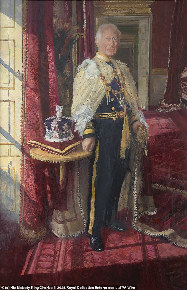 The King and Queen unveiled their official Coronation state portraits at the National Gallery on Tuesday to mark the second anniversary of the historic event. Pictured, the King's portrait
