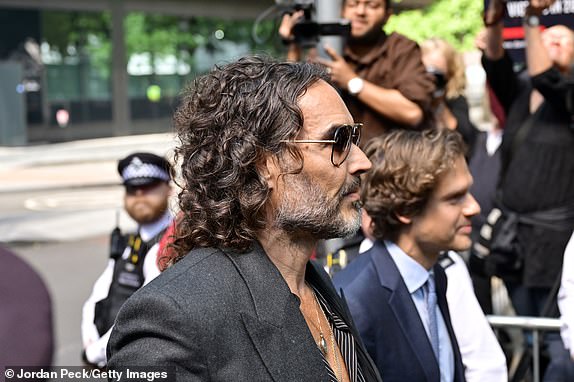 LONDON, ENGLAND - MAY 30: Russell Brand arrives/departs Southwark Crown Court on May 30, 2025 in London, England. The charges relate to accusations of rape, indecent assault and sexual assault between 1999 and 2005. (Photo by Jordan Peck/Getty Images)