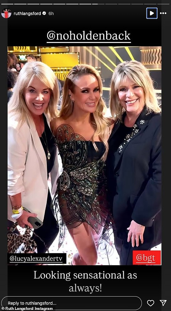 Ruth Langsford let her hair down on Saturday night as she enjoyed a girls nights out with Amanda Holden and Lucy Alexander at the Britain's Got Talent semi-final at the Apollo theatre in Hammersmith, London