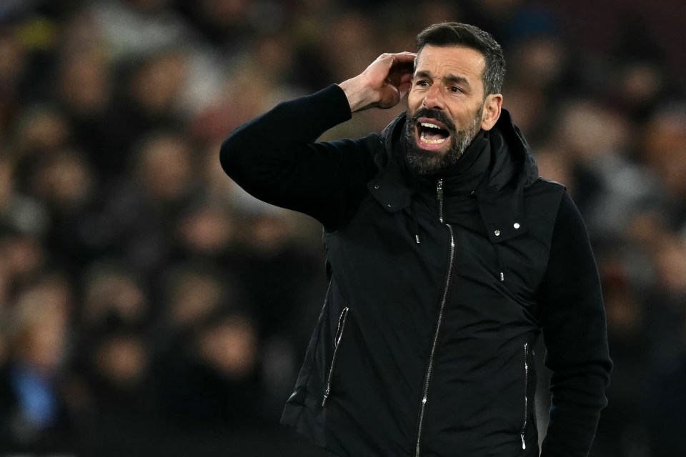 Ruud van Nistelrooy, Leicester City manager, reacts during a soccer match.