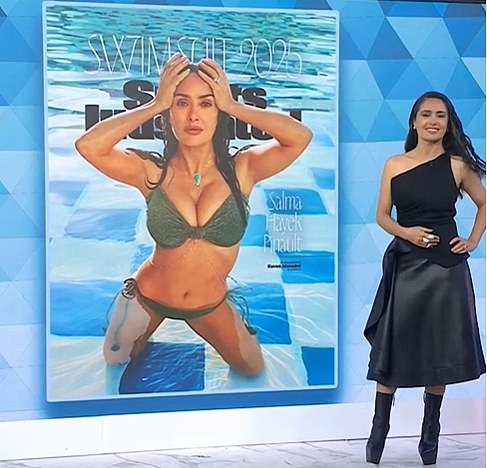 Salma Hayek , 58, has landed the cover of the Sports Illustrated Swimsuit Issue; here she presented her cover on a morning show on Tuesday