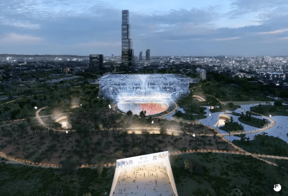 Aerial illustration of a stadium surrounded by a park and city skyline.