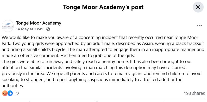 Screenshot of a Facebook post from Tonge Moor Academy about a concerning incident involving a man approaching young girls.