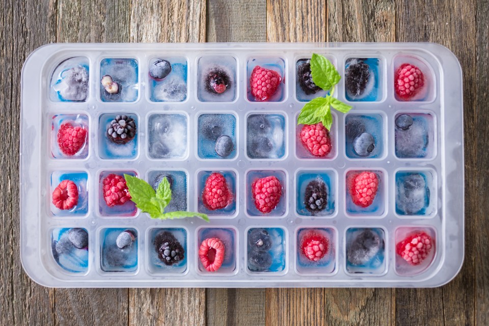 Ice cube tray with frozen berries.