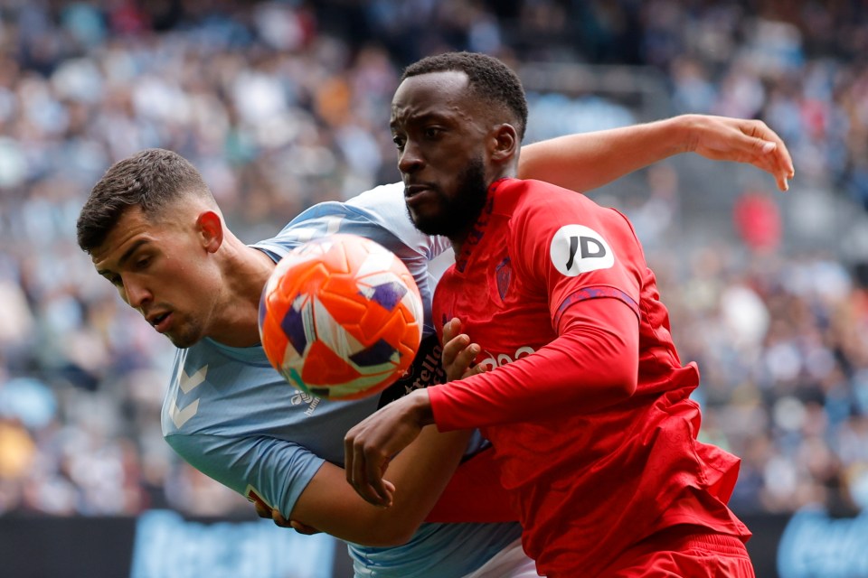 Two soccer players vying for the ball.