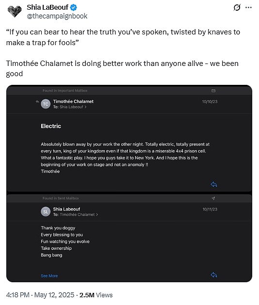 Transformers actor LaBeouf, 38, hit back at feud rumors as he took to X to post a screenshot of a message Chalamet had allegedly sent him as he starred in David Mamet play Henry Jones in 2023.