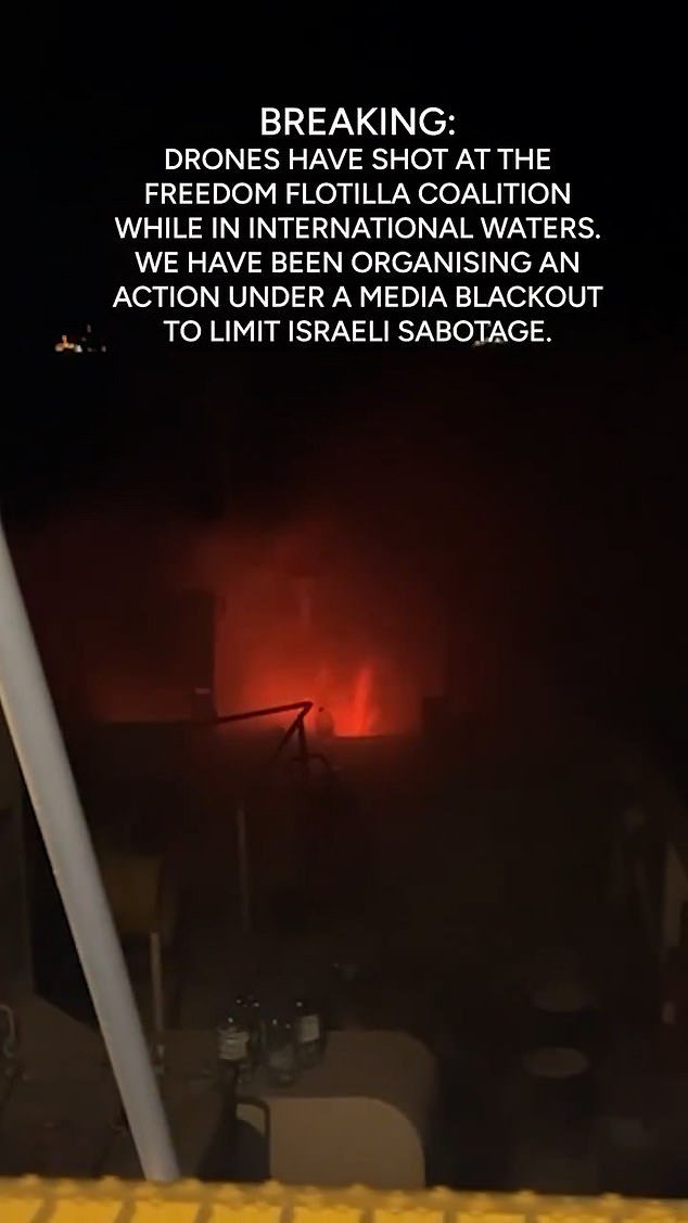 Harrowing footage shows a fire raging on the ship, which the organisation says was loaded with supplies for the besieged territory