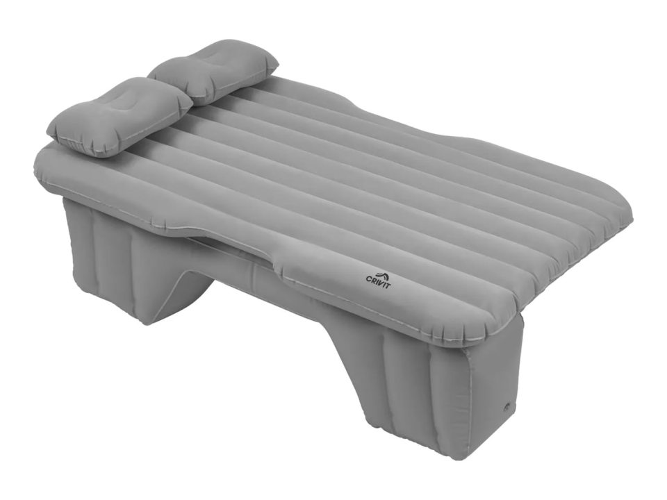 Gray car air bed with two inflatable pillows.