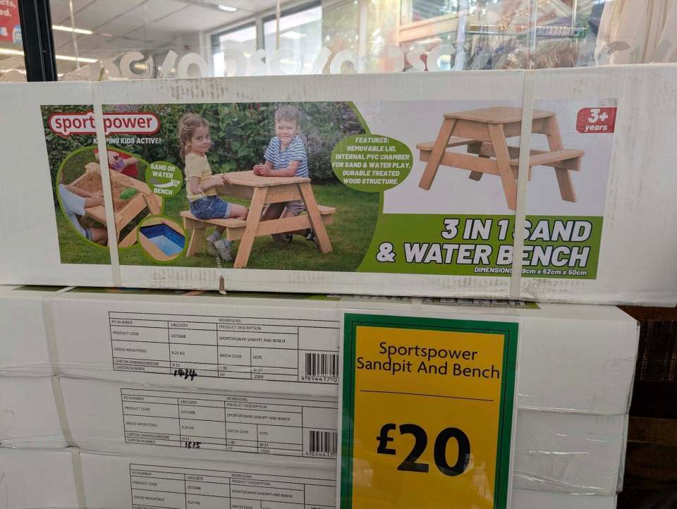 Sportspower sandpit and bench (£20) in a supermarket.