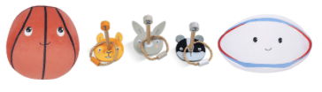 Plush toys shaped like a basketball, lion, bunny, raccoon, and rugby ball.