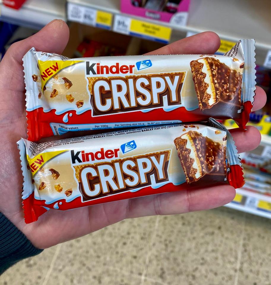 Two Kinder Crispy chocolate bars.
