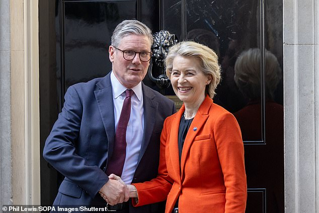 The Prime Minister is today set to sign an agreement at what has been dubbed his ¿Surrender Summit¿ that will mean Britain must once more follow EU laws and abide by its judges¿ rulings. Pictured: Keir Starmer with Ursula von der Leyen, President of the European Commission