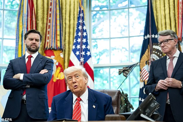 The pact theatrically announced by the PM and Donald Trump (pictured) will cut tariffs from 25 per cent to 10 per cent for the first 100,000 cars sent to America