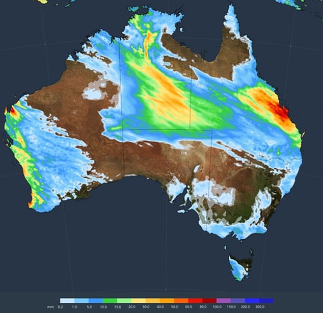 An image showing accumulated rainfall from Wednesday to Friday across Australia