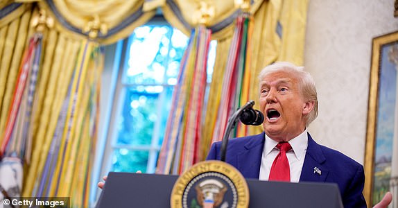 WASHINGTON, DC - MAY 28: U.S. President Donald Trump speaks during a swearing in ceremony for U.S. Attorney for Washington, D.C. Jeanine Pirro in the Oval Office of the White House on May 28, 2025 in Washington, DC. Trump has announced Pirro, a former Fox News personality, judge, prosecutor, and politician, after losing support in the Senate for his first choice, Ed Martin, over his views on the January 6, 2021 attack on the U.S. Capitol. (Photo by Andrew Harnik/Getty Images)