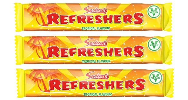 Three Swizzels Refreshers Tropical Flavour vegan candy bars.