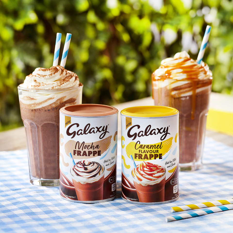 Galaxy Mocha and Caramel Frappé mixes with prepared drinks.