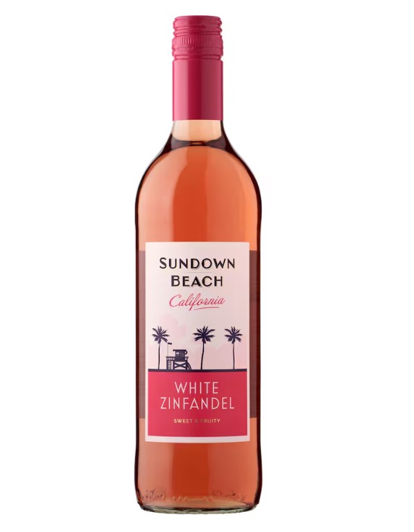 Bottle of Sundown Beach White Zinfandel wine.