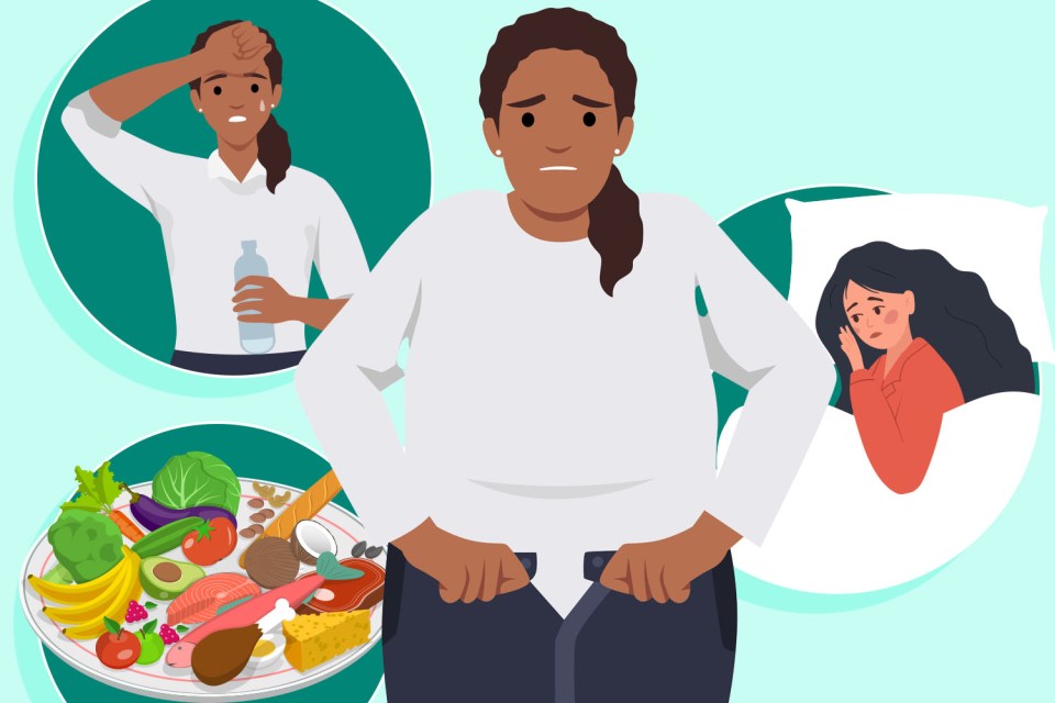 Illustration of weight loss mistakes: a woman struggling to button her pants, a woman dehydrated and stressed, and a woman sleeping poorly.