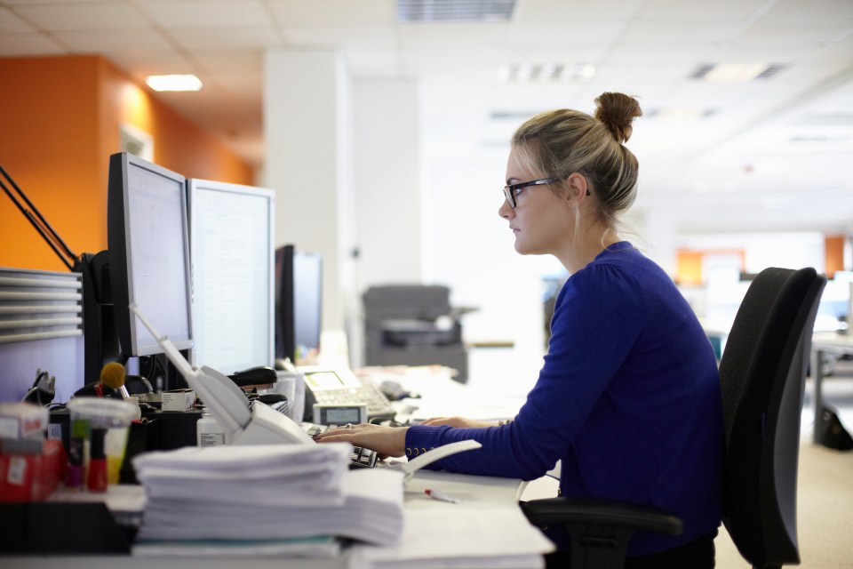 Young woman working at a computer in an office.