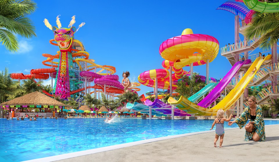 Illustration of a water park with colorful slides and a large pool.