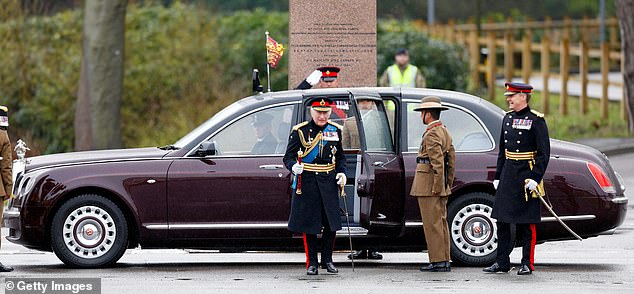 King Charles III arrives in his Bentley State Limousine to inspect the 200th Sovereign's parade at the Royal Military Academy Sandhurst on April 14, 2023