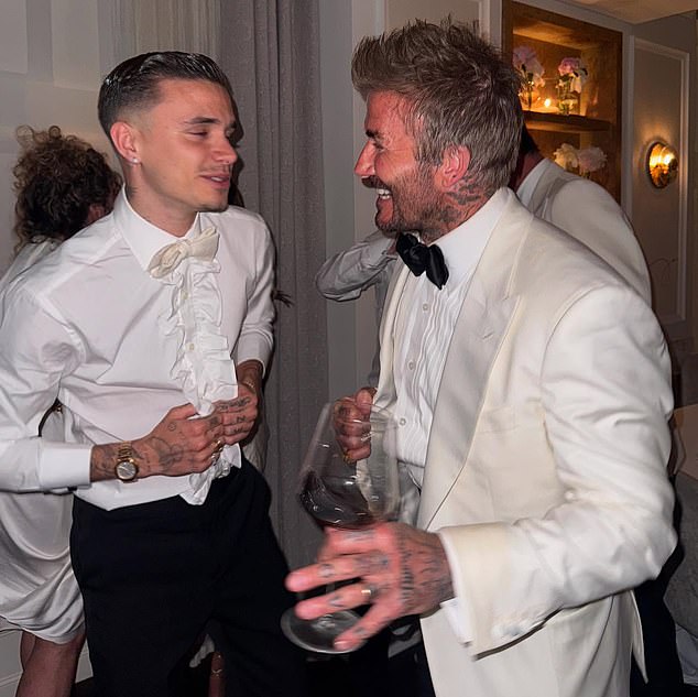 Romeo Beckham and David at the latter's birthday dinner in London